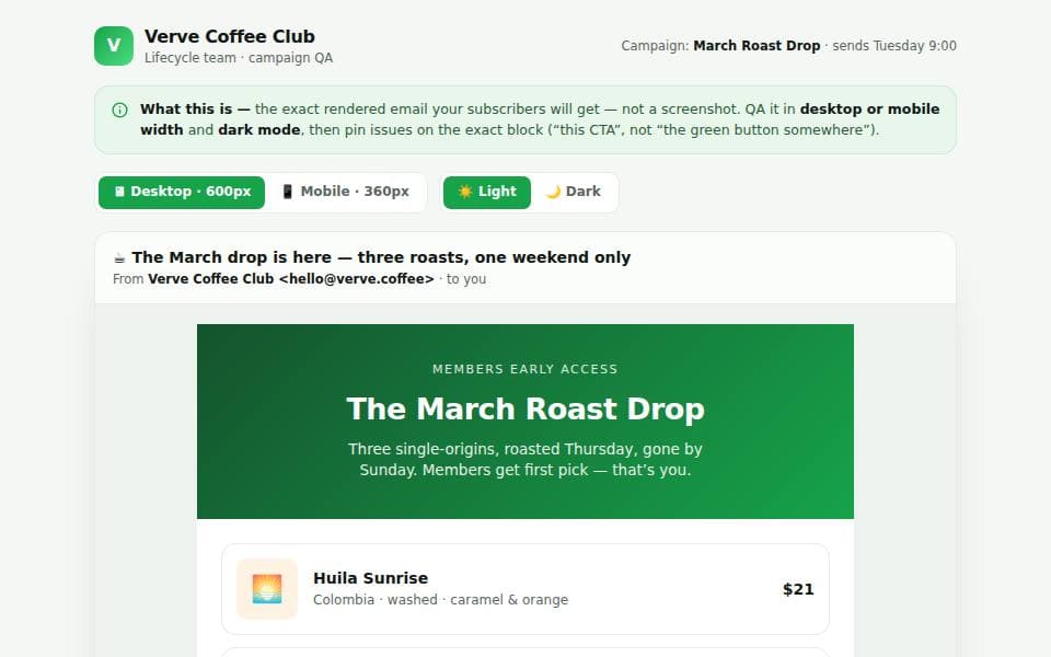 Verve Coffee Club — March Roast Drop — Campaign QA