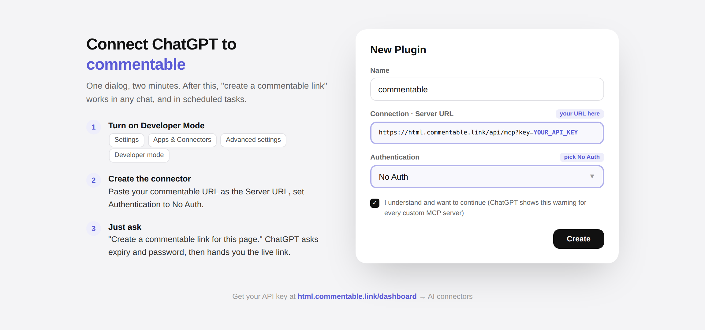 The ChatGPT New Plugin dialog filled in for the commentable connector