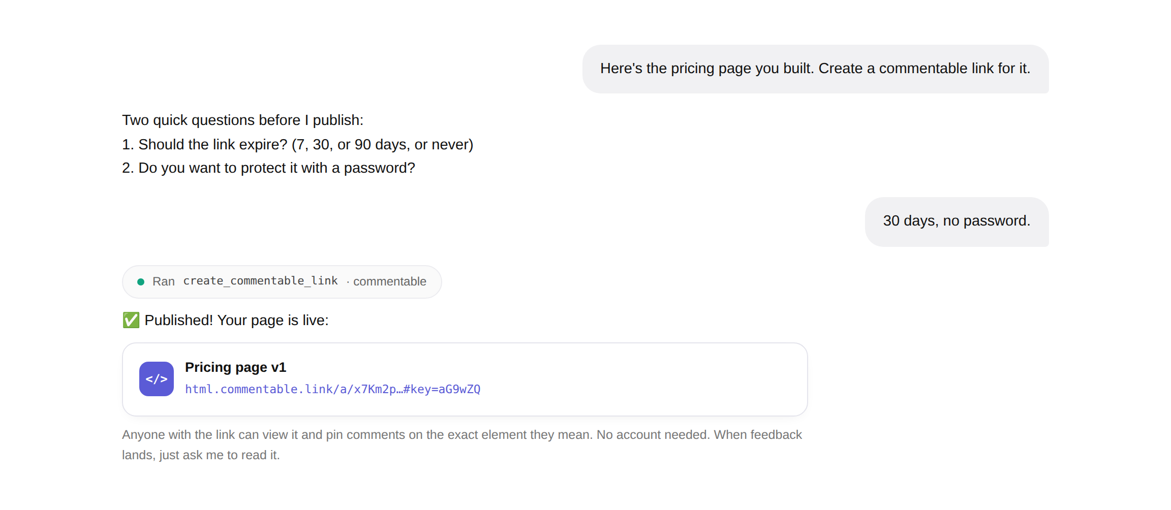 A ChatGPT conversation publishing a pricing page as a commentable link
